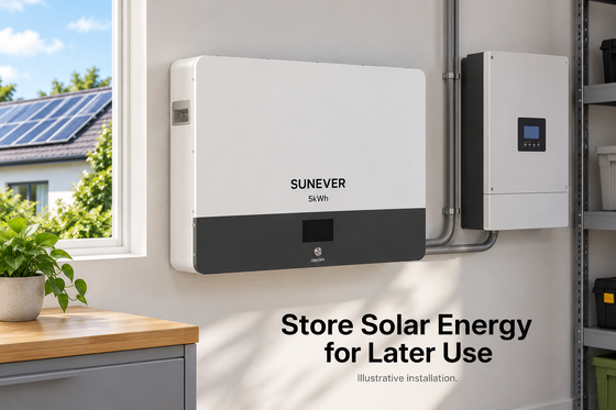 Bateria de armazenamento de energia solar SUNEVER 5kWh montada na parede LiFePO4	 51.2V 100Ah para sistema de armazenamento de bateria solar