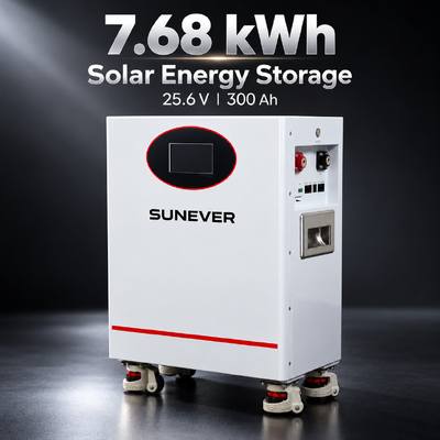 SUNEVER 7.68kWh 25.6V 300Ah LiFePO4 Bateria solar de lítio para armazenamento de energia doméstica e energia de reserva fora da rede